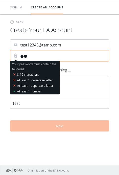 Origin dumb password rule screenshot